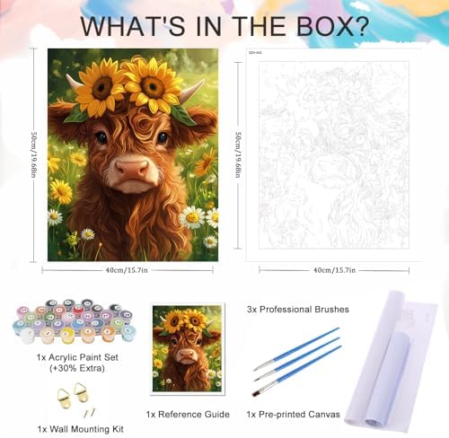 Natuyalo Cattle Paint By Numbers Kit for Adults Beginner Sunflower Adult Paint by Number Kits on Canvas Flowers Animals Acrylic Painting Kit Adults' Paint-By-Number Kits Home Wall Decor 16x20 inch