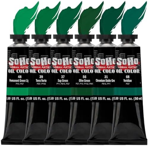 Soho Urban Artist Oil Paint Greens Set of 6-50 mL Tubes, Triple-Milled Oils with Refined Linseed - Smooth Application, True Color Mixes, Ideal for Brushes & Palette Knives