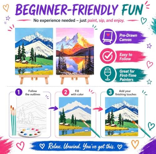 QUANWAISJ Sip and Paint Kit for Adults, Pre Drawn Canvas for Painting for Adults, 2 Pack Canvas Painting Kit, Paint Party Kit, Date Night Activities for Couples（Mountain Landscape ）