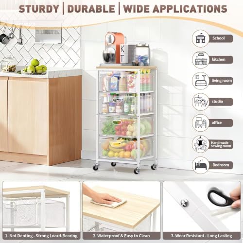 SUNALLY Kitchen Storage Cart with Drawers,Metal Snack Cart Organizer,White
