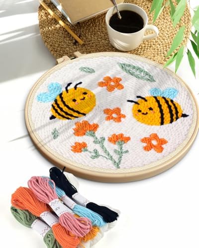 TINDTOP Punch Needle Kits, DIY Punch Embroidery Kits for Adults Beginner, Tool with Punch Needle Fabric, Hoops, Yarns and Sewing Needles (Set E)