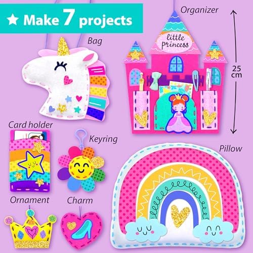KRAFUN Princess & Unicorn Sewing Kit for Kids Ages 5-8 | 7 Felt Projects