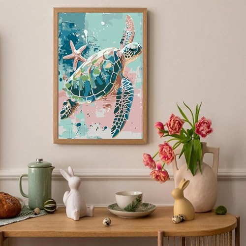 Auremi Turtle Paint by Number Kits with Framed, DIY Animals Paint by Number Canvas for Adults, Easy Acrylic in Canvas with Brushes for Decor 20x30cm