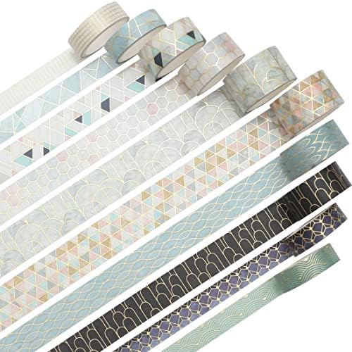 Creative Washi Tape Set 10 Rolls Gold Foil Print Decorative Masking Tapes for Arts, DIY Crafts, Journals, Planners, Scrapbook, Wrapping (Geometric Order)