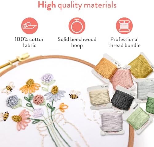Clever Poppy Bee Happy Beginner Embroidery Kit – Easy Embroidery Kit for Beginners with Hoop, Thread & Patterns – Hand Embroidery Kit for Adults and Teens – Complete Embroidery Starter Kit