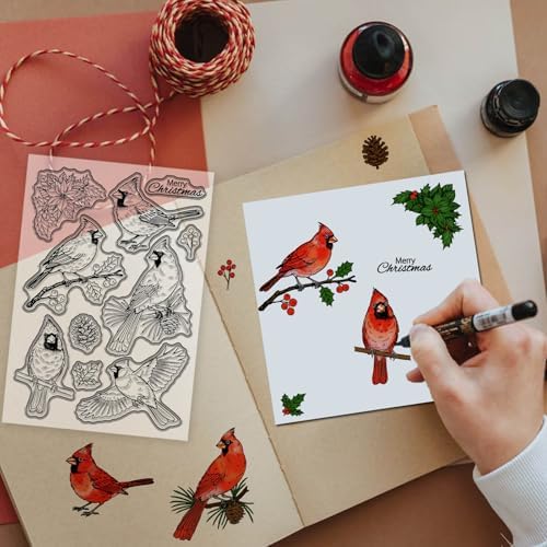 GLOBLELAND Christmas Cardinal Clear Stamps for Cards Making Winter Red Birds Transparent Stamp Mistletoe Silicone Stamps Seal for Christmas DIY Scrapbooking Photo Album Decor