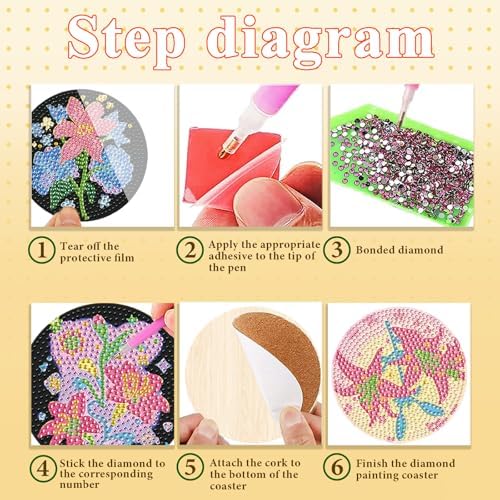 DOTSOPS 6 PCS Flowers Diamond Painting Coasters for Beginners with Holder