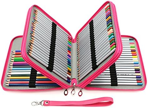BTSKY Deluxe PU Leather Pencil Case For Colored Pencils - 120 Slot Pencil Holder with Handle Strap Handy Colored Pencil Box Large (Rose Red)