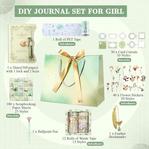 Janlaugh DIY Journal Diary with Lock Pack Scrapbook Kit, Light Green, Fresh | Stationery Diary Supplies, Scrapbook Supplies Art Crafts Kit for Birthday Holidays Ideal Gifts, Feather Bookmark Stickers
