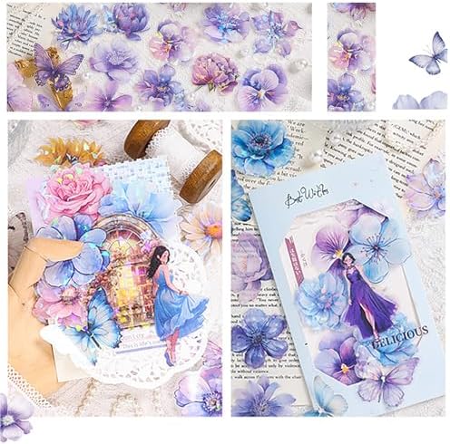 Doraking 60 Pieces Glitter Shiny Flower Stickers for Journaling, Waterproof Decorative Decal for Scrapbooking Supplies Journal Planners Art Crafts Photo Album Decor (Blue)
