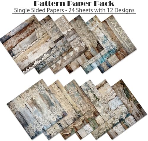 Vintage Lace Scrapbook Paper Pad, 6 x 6 Inch Rustic Wood Grain 160gsm Cardstock, 24 Sheets Shabby Chic Craft Paper for Bridal Album, Wedding Invitation DIY