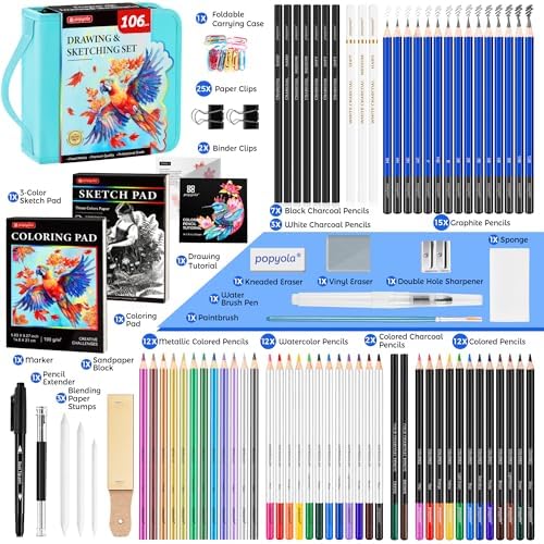 106 Pack Drawing Set Sketching Kit, Pro Art Supplies Sketch Pencils Set