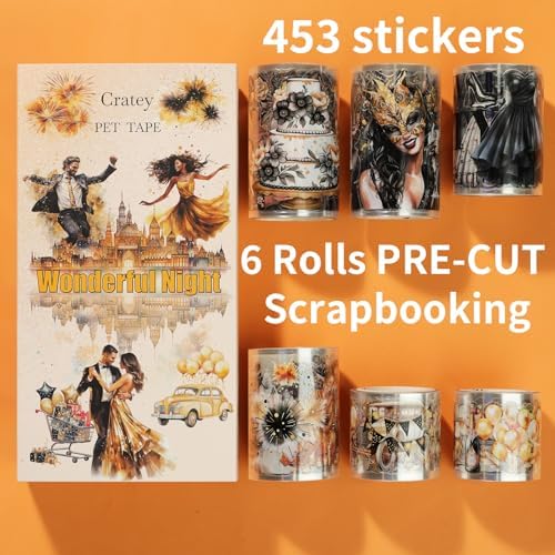 Retro Party PET Stickers washi Tape 6 Rolls, 453 pre-Cut Stickers for Scrapbooking, journaling, Card Making, Balloons, Cakes, Gentleman, Lady Patterns