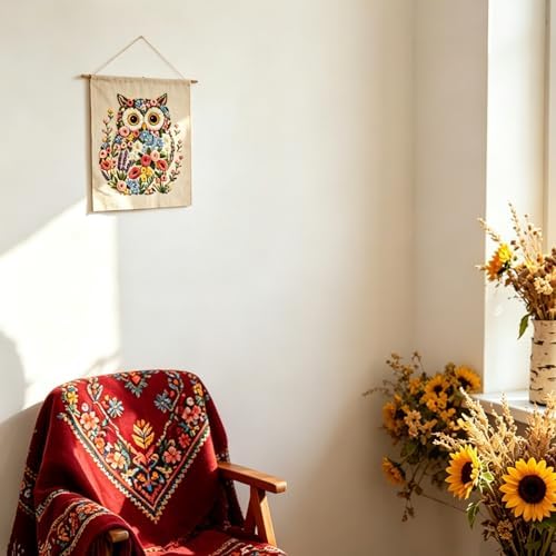 FONNUY Floral Owl Embroidery Kit for Beginners, DIY Handmade Flower Animal Embroidery Set with Hoop, Stamped Cross Stitch Kit for Adults, Unique Home Wall Art Decor & Craft Gift (Colorful)