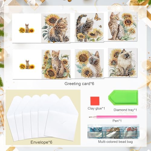 AiYuanzsh 6-Pack 5D Diamond Painting Greeting Cards with Envelopes, Cat Sunflower Pattern DIY Crystal Rhinestone Diamond Art Cards, Laser Effect Postcards for Birthday, Thank You, and Gift Giving