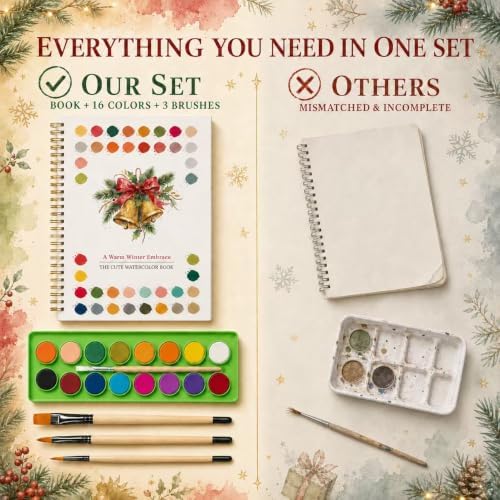 EIOLUIK Christmas Watercolor Workbook Set - 12 Paintings, 16 Paints, 3 Brushes