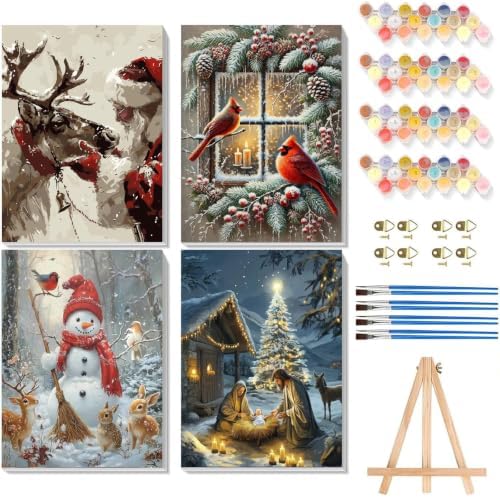 4 Pack Christmas Paint by Numbers for Adults with Framed Easel 8x12 inch