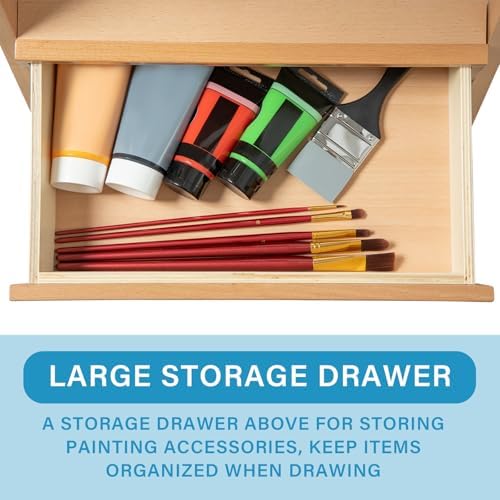 Large Beechwood H-Frame Studio Easel Stand with Storage Drawer, Natural | Height Adjustable to 35Inches High, Suitable for Painting, Sketching and Displaying