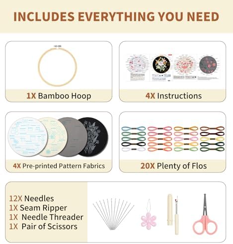 pindda Embroidery Kit for Beginners Adults, with Embroidery Patterns, Embroidery Hoop, Tools, Colorful Threads, Step by Step Instructions, Beginner-Friendly DIY Gift Hobbies for Women
