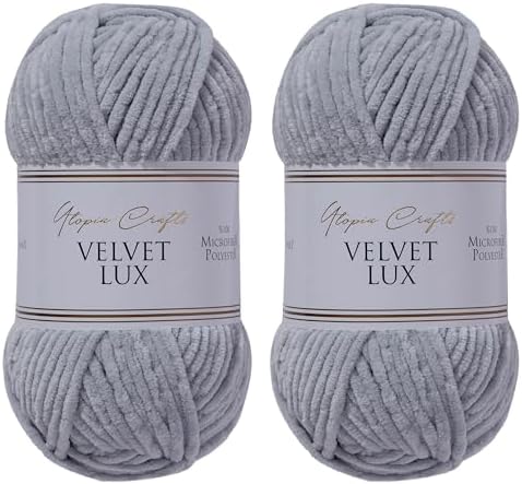 Velvet Lux Chenille Yarn for Crocheting and Knitting, 2 Pack Bulk Chunky Yarn, Super Soft Velvet Yarn for Amigurumi, Baby Blankets & Home Decor — 100g/120yds per Skein (Grey)