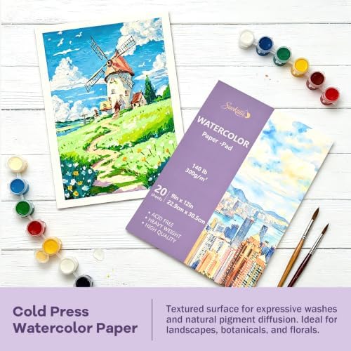 Suokata Watercolor Book, 9"x 12", 300 GSM Cold Press Texture Surface Paper