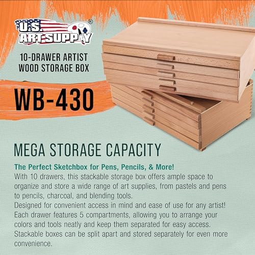 U.S. Art Supply 10-Drawer Artist Tool Supply Box with Storage Drawers | 5 Compartments per Drawer - Hardwood Art Box for Artist Supplies, Brushes, Pencils, Erasers, Tool Storage Organizer Case