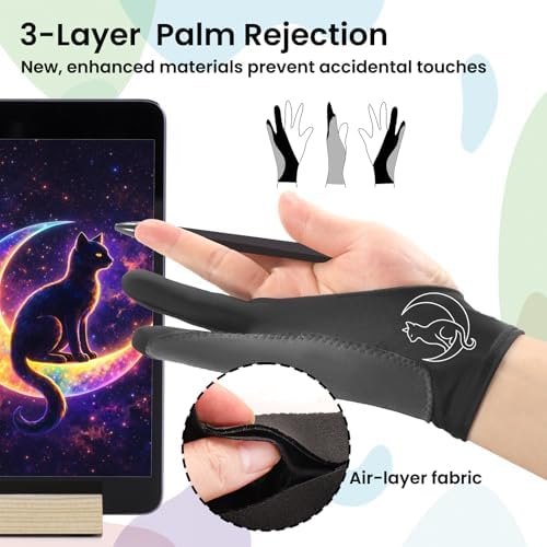 Luna Cat Drawing Glove: 3-Layer Palm Rejection for iPad & Drawing Tablet | Smooth-Glide & Breathable Artist Glove for Digital Art, Two-Finger Design, Fits Left & Right Hand, 2-Pack + Cleaning Cloth