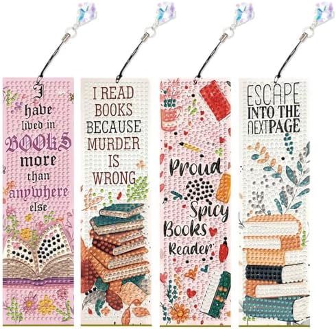Mandun 4 Pcs Book Diamond Painting Bookmark Kits, Special Shaped Diamond Art Bookmarks with Pendant, DIY Diamond Art Bookmarks with Tassels Crafts Gifts Supplies