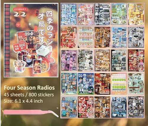 Japanese Retro Sticker Book, 800 Cartoon Stickers Book with Art Coated Paper Creative Activity Stickers for Adults, DIY Scrapbooking Phone Cases Laptops Party Gifts (Four Season Radio)