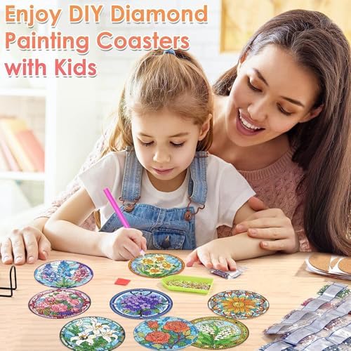 ijbnhd 8 PCS Flowers Diamond Art Coasters (Cork Wooden Pad)