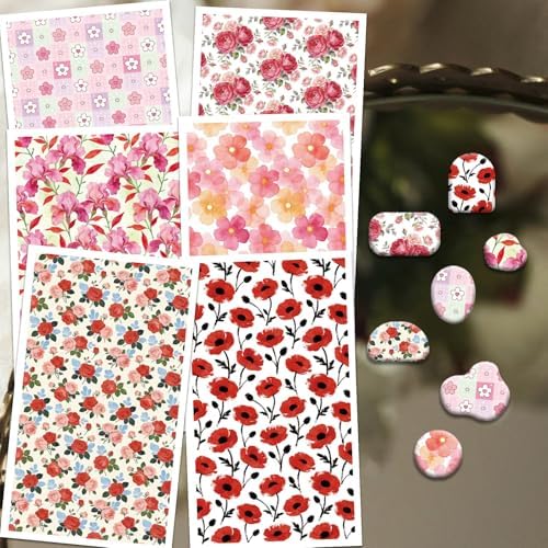 OLYCRAFT 24Pcs Pink Red Flower Clay Transfer Paper 6 Styles Transfer Paper for Polymer Roses Poppies Polymer Clay Transfer Sheets Lily Transfer Paper for Clay Earrings Jewelry Making