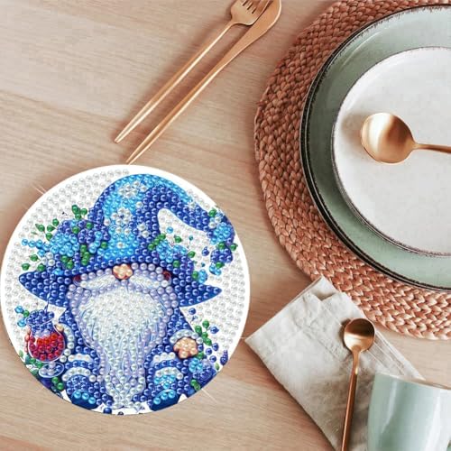 ijbnhd 8 Pack Diamond Art Coasters Kits Gnome (Cork Wooden Pad)