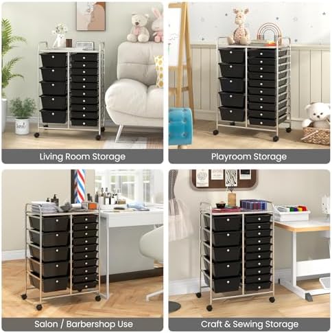 Giantex 15 Drawer Rolling Storage Cart Tools Scrapbook Paper Office School Organizer, Black