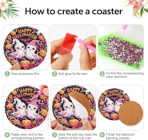 NEGEKFKX 8 Pcs Halloween Horror Ghost Diamond Art Painting Coasters Kits