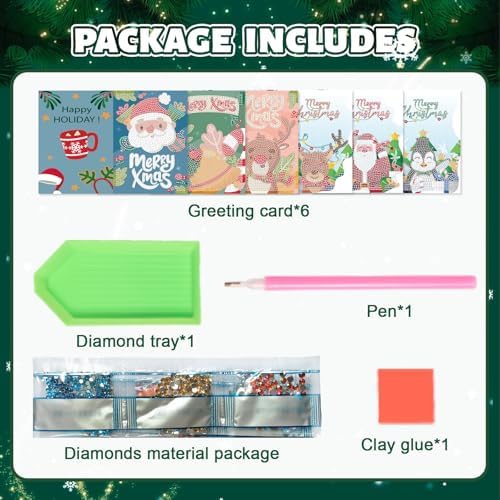 antor 6 Pack 5D Diamond Art Christmas Greeting Cards with Envelopes, DIY Paint with Diamonds Holiday Card Kits, Handmade Diamond Painting Cards Crafts Xmas Gift for Friends and Family