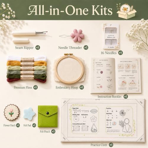 Cikeela Embroidery Stitch Book Beginner with Fabric Pages, 31 Essential Stitches in Structured Learning Order for Adults, DIY Sewing Kit with Floral Motifs, Practice Patterns EmbroideryStitch Book Kit