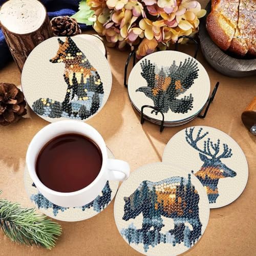 NEGEKFKX 8 Pcs Diamond Art Painting Coasters Kits,Animal Landscape Coaster with Holder for Adults, Non-Slip DIY Dot Paint Craft Kits,5D Full Drill DIY Diamond Dot Gem Art Kit Home Decor Arts Craft