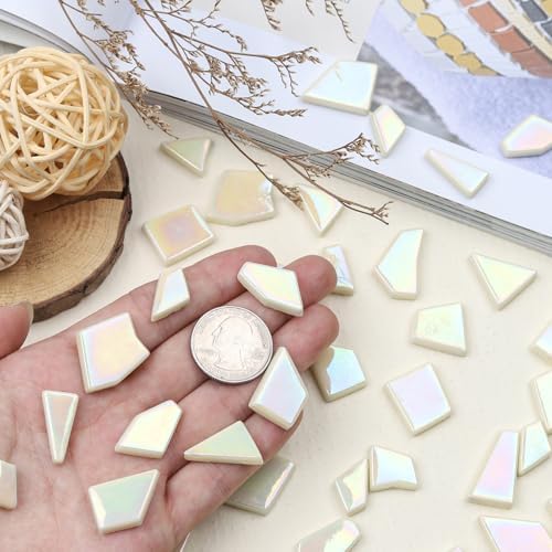 Youway Style Iridescent Cream Glass Mosaic Tiles for Crafs Bulk,200g Broken Stained Glass Pieces for Crafts DIY Mosaic Art Decor (Pack of 2)