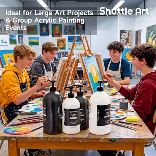 Shuttle Art Black Acrylic Paint, 33.8oz/1000ml Large Capacity Pump Bottle with Cover, High Coverage True Black, Fast Drying Non-Toxic Art Paint for Artists, Students, Kids & DIY Crafts