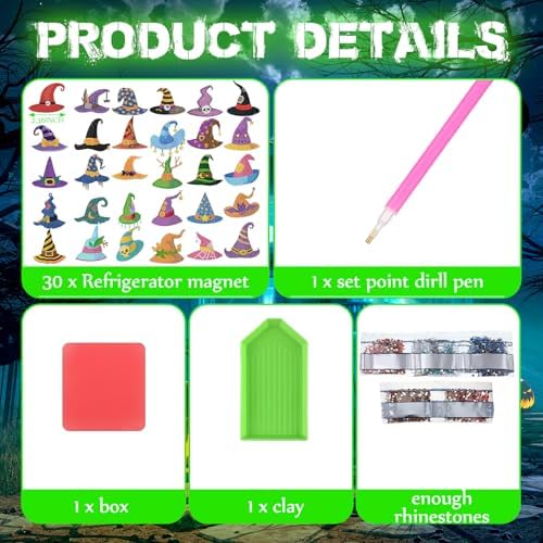 Motipuns 30 Pcs Halloween Diamond Art Magnets Witch Hat Glow in Dark