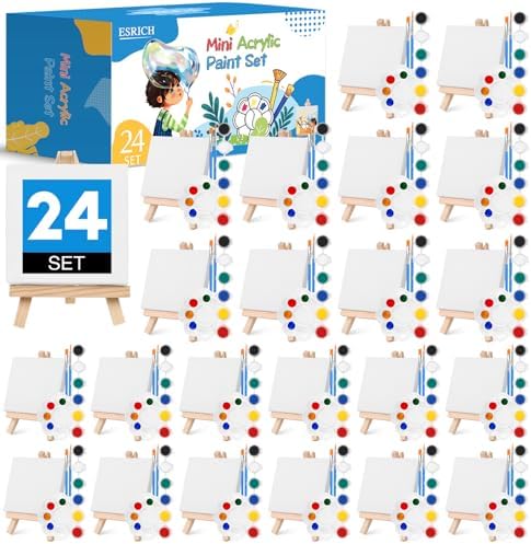 ESRICH 24 Set Mini Acrylic Paint Kit, Mini Stretched Canvas with Easel