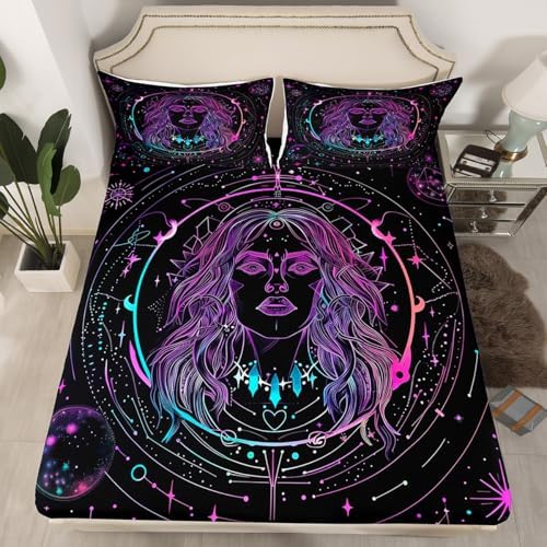 Manfei Boho Style Sheet Set Starry Galaxy Sun Moon Bedding Set Exotic Constellation Bed Sheets Teens Room Decor Black Purple (Queen Flat & Fitted Sheet with 2 Pillow Case)
