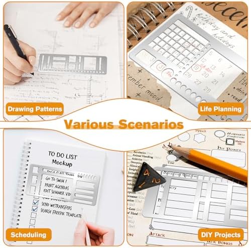 3 Pcs Record Template Metal Planner Stencils for Journaling 5.2X2.3 Inch Flexible Journal Template Stainless Steel Calendar Stencil for Weekly Spread Checklist Drawing DIY Crafts Supplies