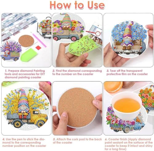 ijbnhd 8 PCS Gnome Diamond Art Coasters Kit 4X4inch (Cork Wooden Pad)