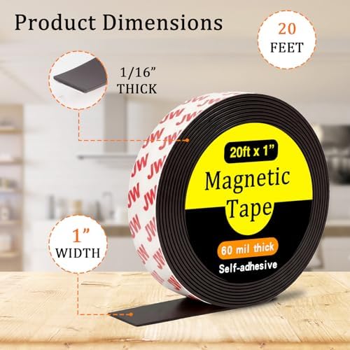 Magnetic Tape with Adhesive Backing, 20 Feet x 1 Inch, Flexible
