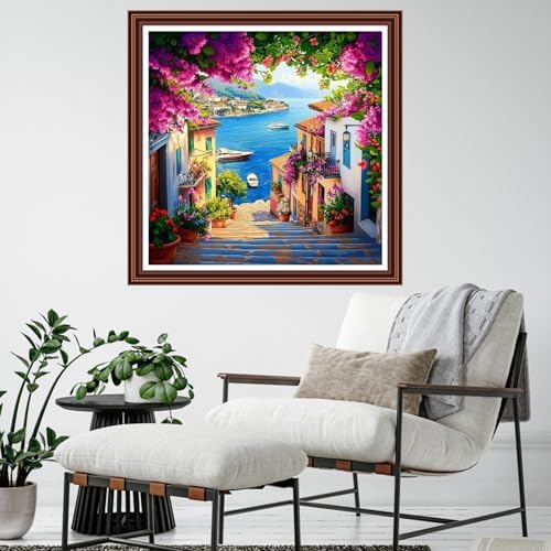 Dimensean Counted Cross Stitch Kit for Beginners, 11CT Unprinted Cross-Stitch Kit Easy Patterns Needlepoint Kit Cross Stitching Embroidery Kit Supplies-Seaside Floral Scenery 18x18 inch