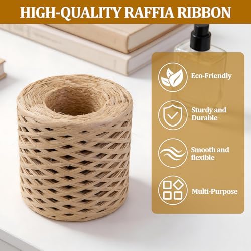 218 Yards Raffia Ribbon, Light Brown Raffia Yarn,Packing Paper String for Gift Wrapping, Christmas Crafts and DIY Decoration