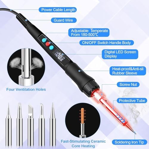Soldering Iron Kit, 100W LED Digital Solder Gun kits with Ceramic Heater, Adjustable Temperature Welding Tools with Tips, Wick Braid, Stand, Solders Wire, Sponge, Flux Paste, Black
