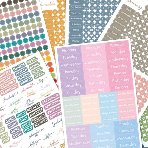 1917 Pcs Date Dot Stickers for Daily Planner Calendar Bullet Journal Notebook, Monthly Weekly Headings, Dates, Icons, 1/5 inch Dots, 10 Sheets