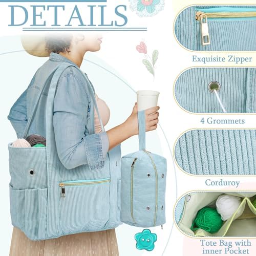 Bulyoou 2 Pcs Crochet Tote and Yarn Bag Set Corduroy Yarn Holder, Blue